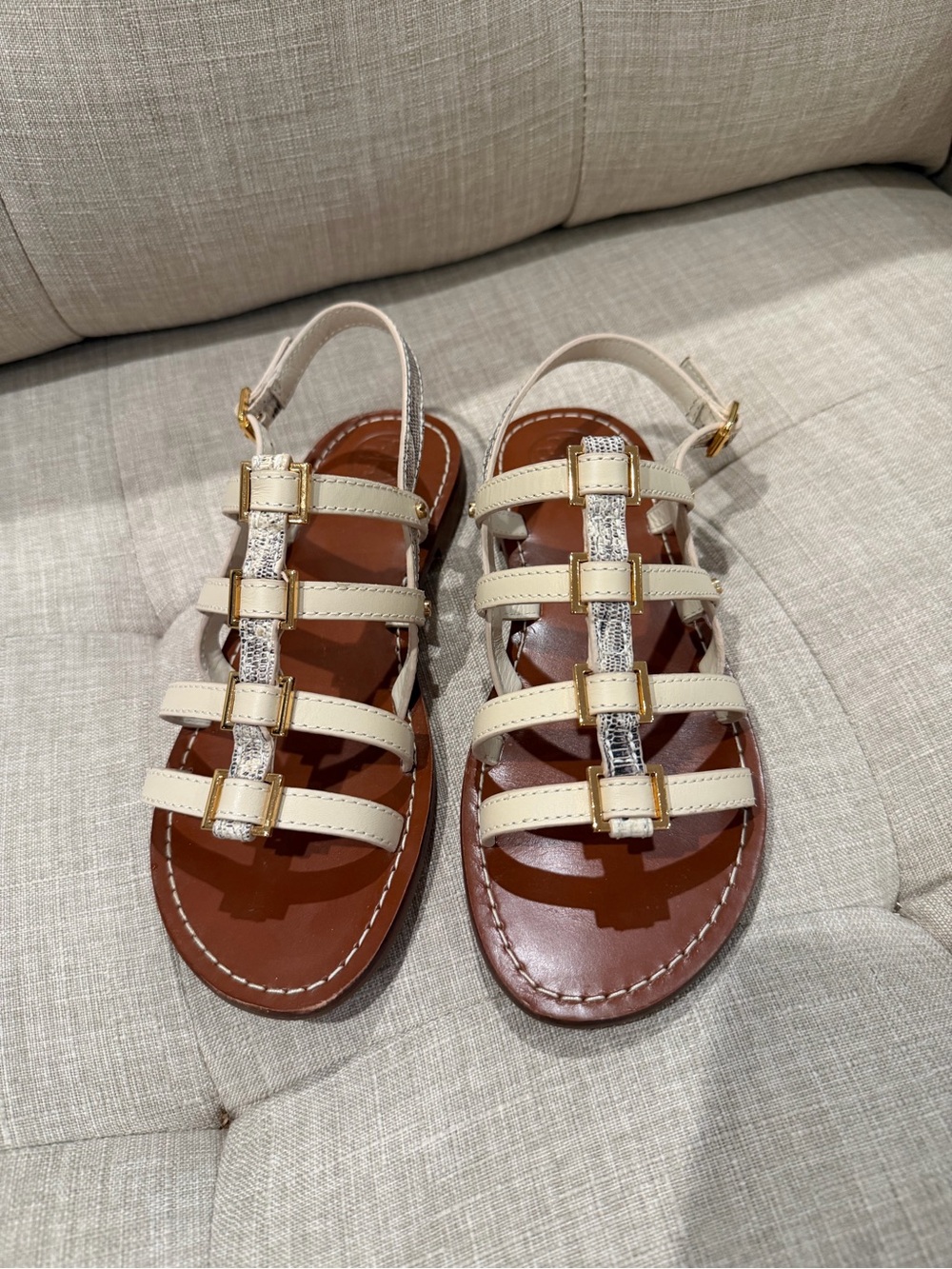 Tory Burch Reggie Flat Ivory Gladiator Sandal Size 7.5M